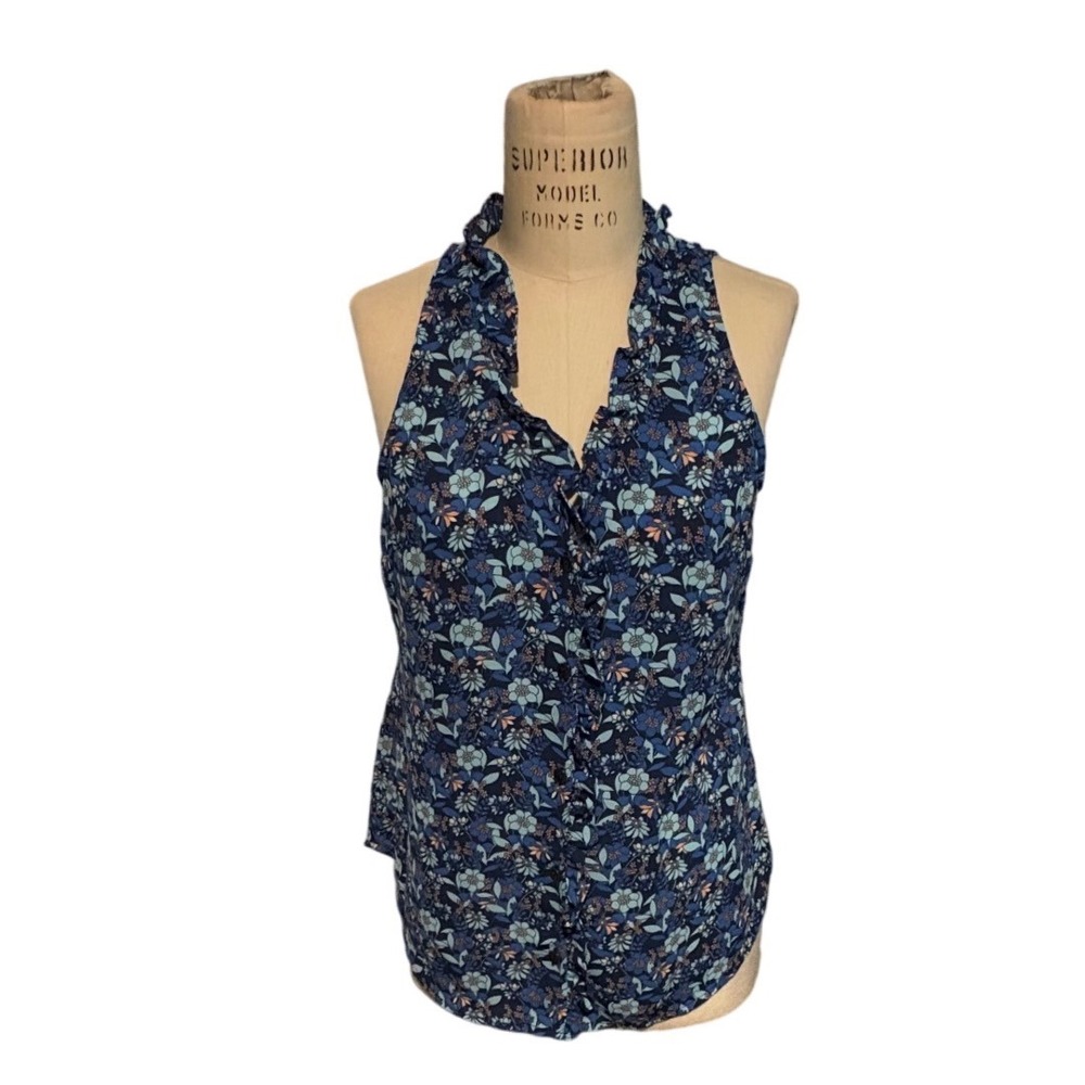 Cabi Blue Floral Ruffle V-Neck Sleeveless Button Front Blouse 4349 Womens XS
